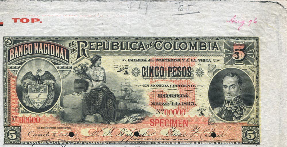 Front of Colombia p235s: 5 Pesos from 1895