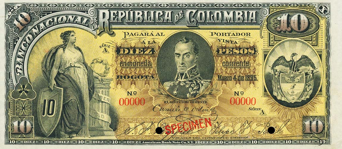 Front of Colombia p236s: 10 Pesos from 1895