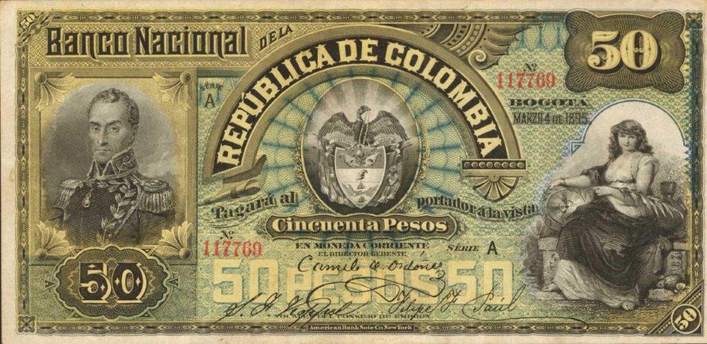 Front of Colombia p238: 50 Pesos from 1895