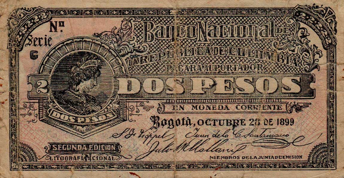 Front of Colombia p252: 2 Pesos from 1899