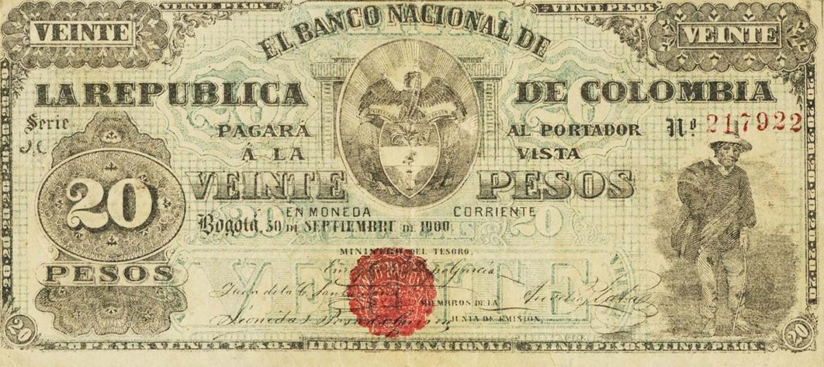 Front of Colombia p276b: 20 Pesos from 1900