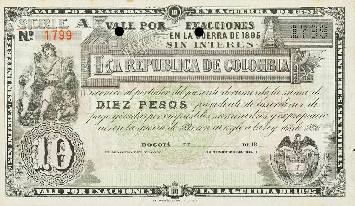 Front of Colombia p294Ar: 10 Pesos from 1907