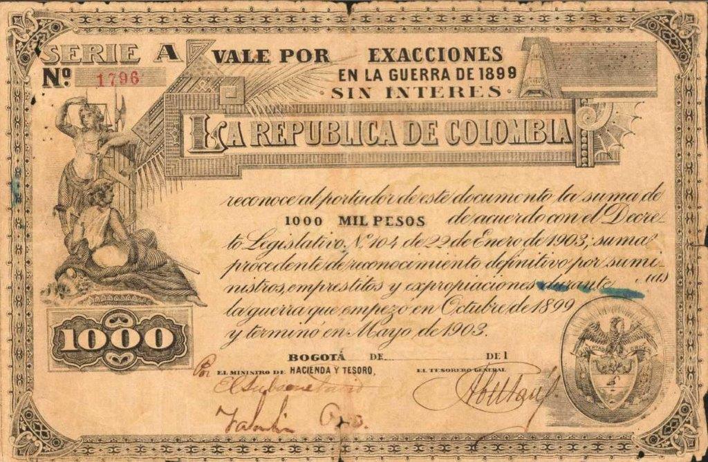 Front of Colombia p298E: 1000 Pesos from 1907