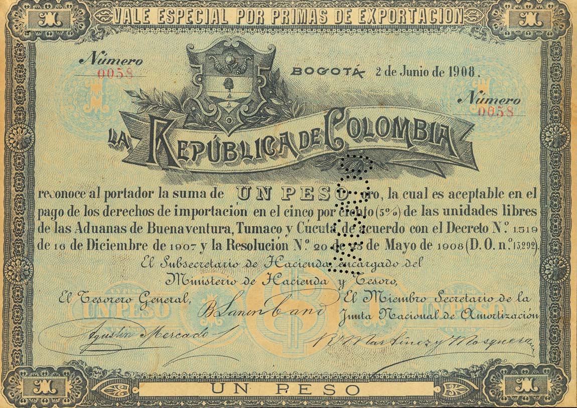 Front of Colombia p300: 1 Peso from 1908