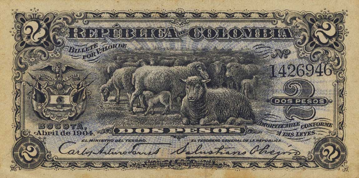 Front of Colombia p310: 2 Pesos from 1904