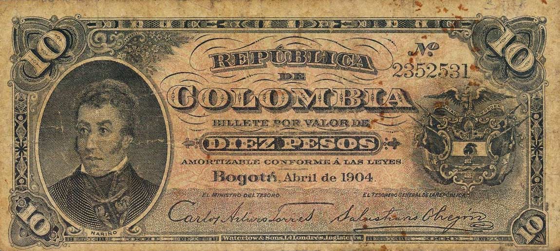 Front of Colombia p312: 10 Pesos from 1904