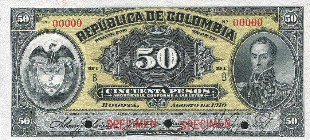 Front of Colombia p317s: 50 Pesos from 1910