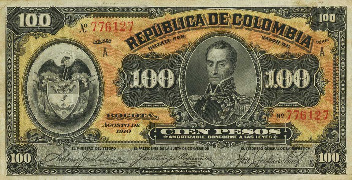 Front of Colombia p318a: 100 Pesos from 1910