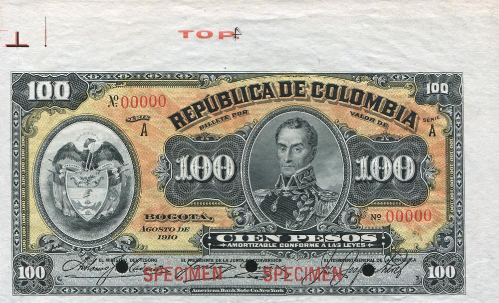 Front of Colombia p318s: 100 Pesos from 1910