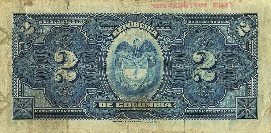 Back of Colombia p322a: 2 Pesos Oro from 1915