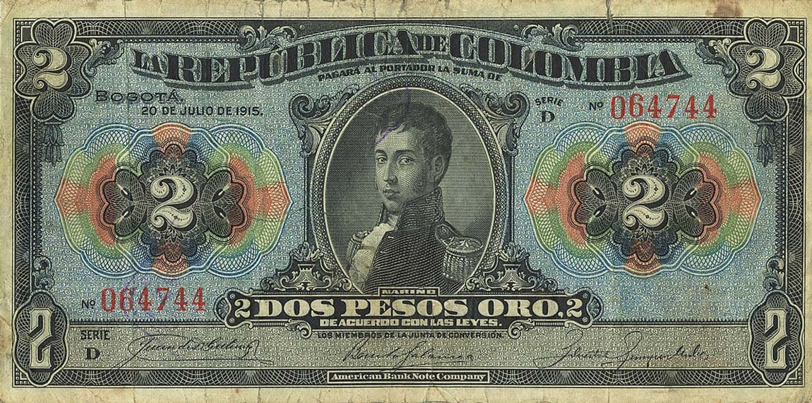 Front of Colombia p322a: 2 Pesos Oro from 1915