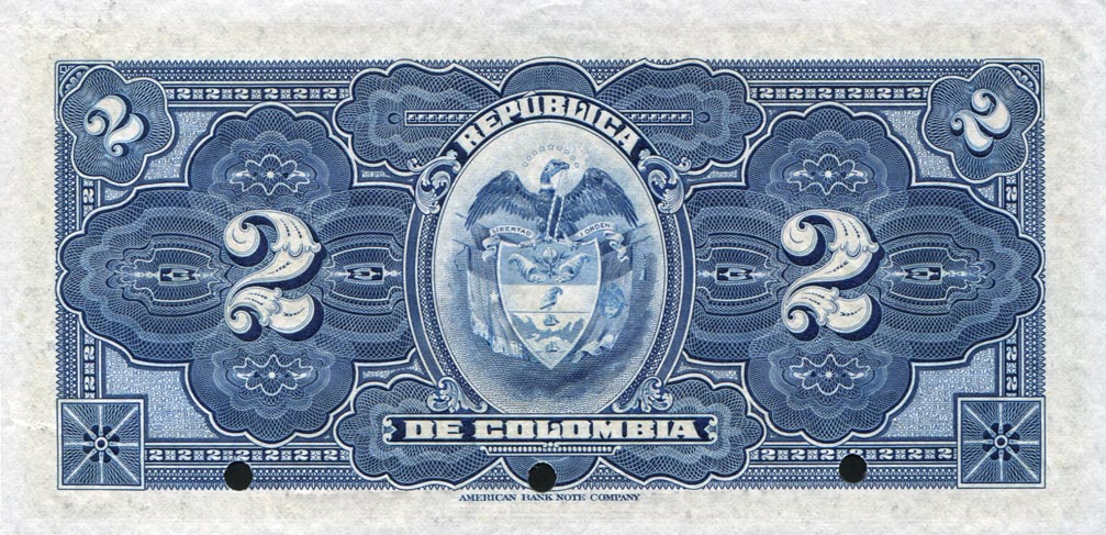 Back of Colombia p322s: 2 Pesos Oro from 1915
