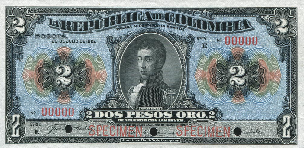 Front of Colombia p322s: 2 Pesos Oro from 1915