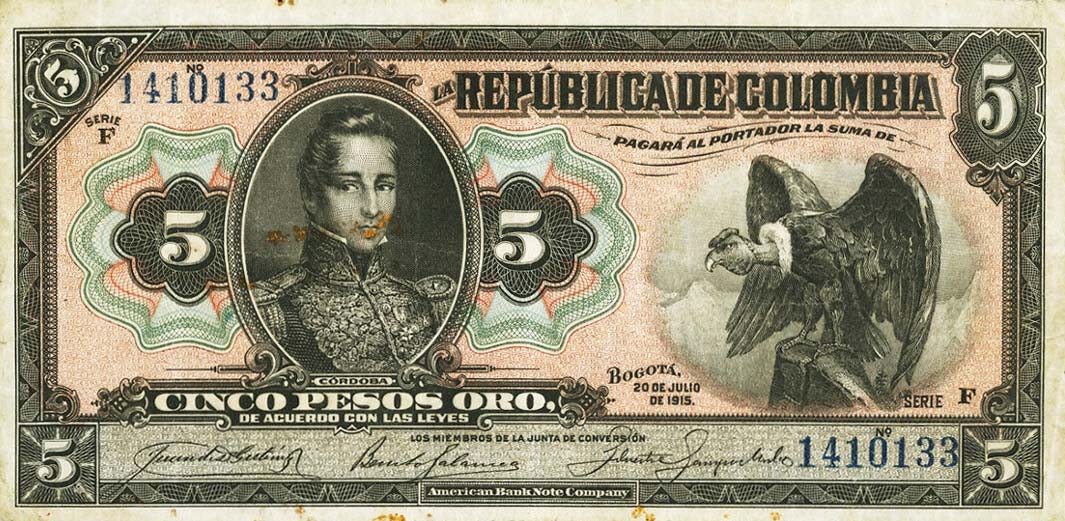 Front of Colombia p323a: 5 Pesos Oro from 1915