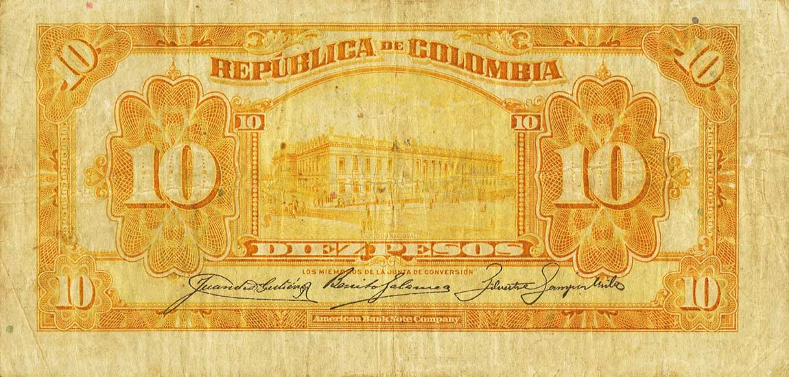 Back of Colombia p324a: 10 Pesos Oro from 1915