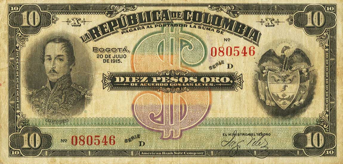 Front of Colombia p324a: 10 Pesos Oro from 1915