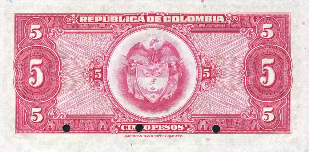 Back of Colombia p341s: 5 Pesos Oro from 1938