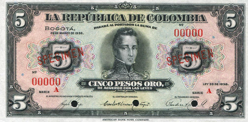 Front of Colombia p341s: 5 Pesos Oro from 1938