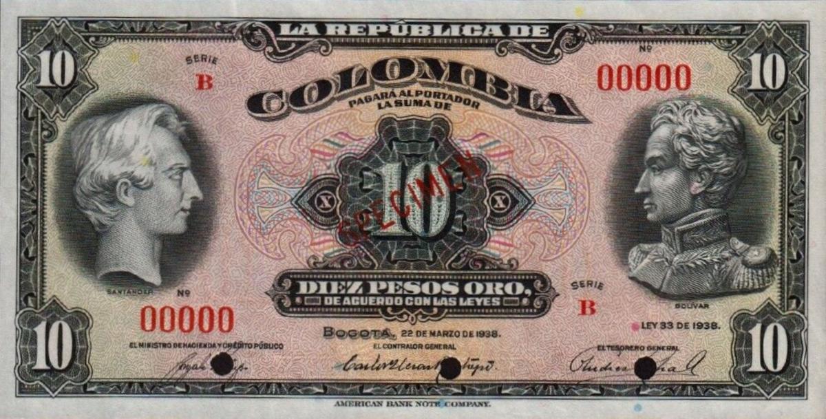 Front of Colombia p342s: 10 Pesos Oro from 1938