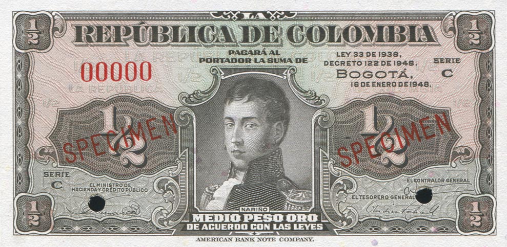 Front of Colombia p345s: 0.5 Peso Oro from 1948