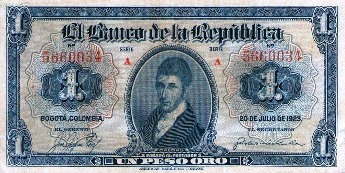 Front of Colombia p361a: 1 Peso Oro from 1923