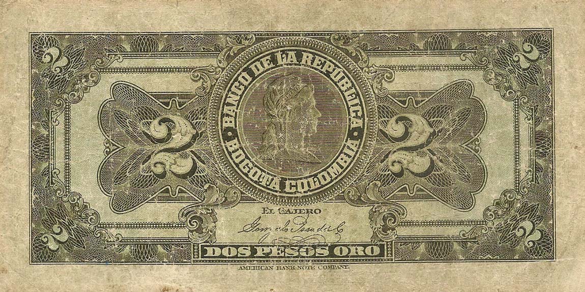 Back of Colombia p362a: 2 Pesos Oro from 1923
