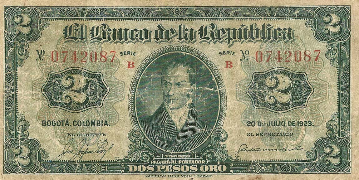 Front of Colombia p362a: 2 Pesos Oro from 1923