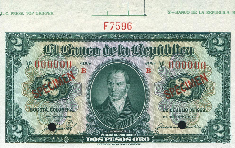 Front of Colombia p362s: 2 Pesos Oro from 1923