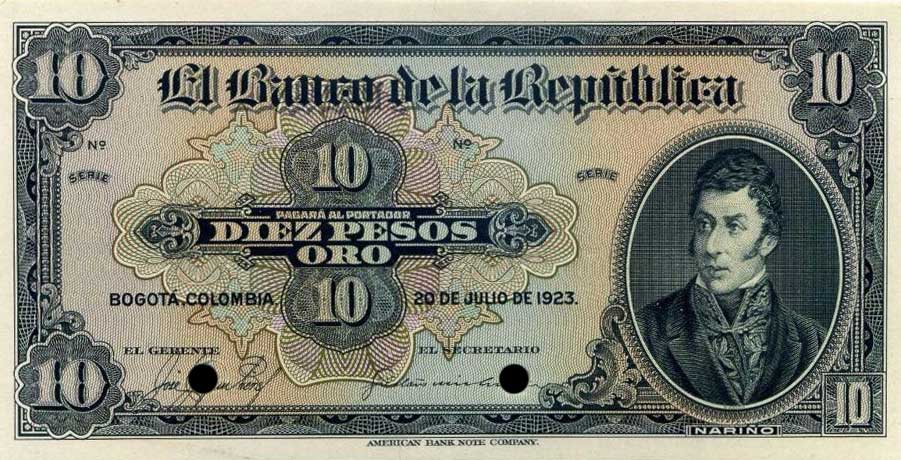 Front of Colombia p364p1: 10 Pesos from 1923