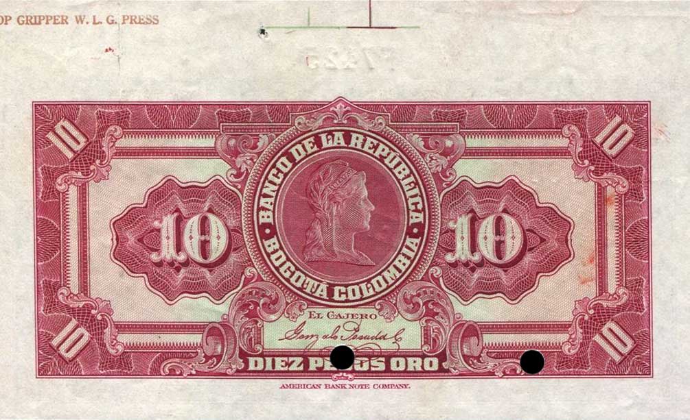 Back of Colombia p364s: 10 Pesos Oro from 1923