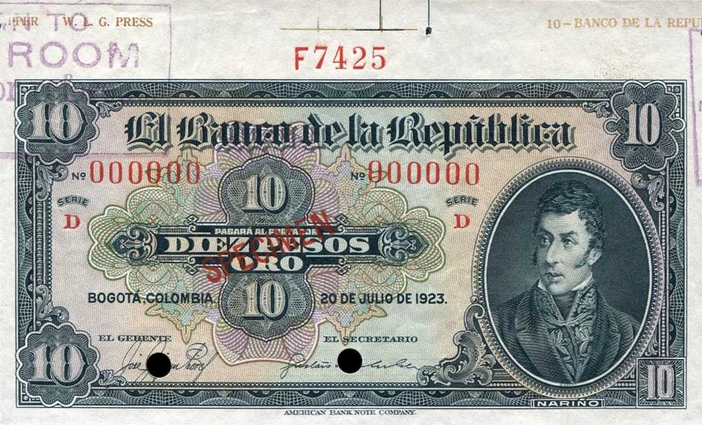 Front of Colombia p364s: 10 Pesos Oro from 1923