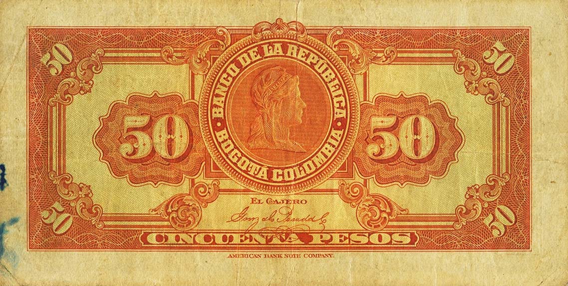 Back of Colombia p365a: 50 Pesos from 1923