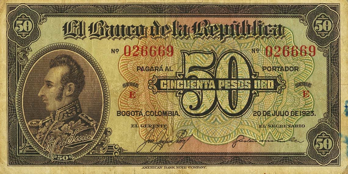 Front of Colombia p365a: 50 Pesos from 1923