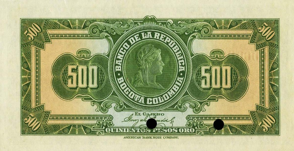 Back of Colombia p367s: 500 Pesos from 1923