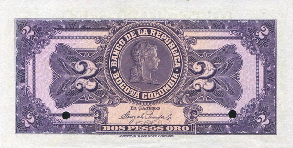 Back of Colombia p372s: 2 Pesos Oro from 1926