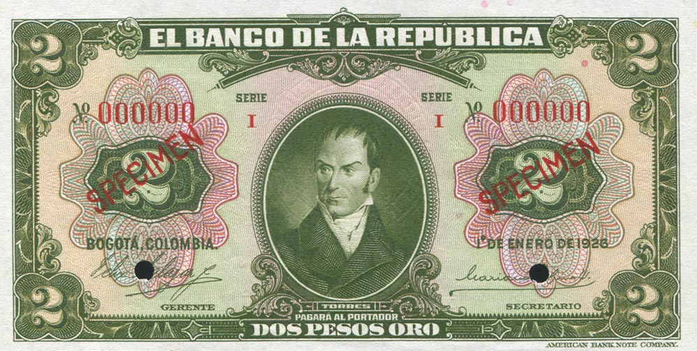 Front of Colombia p372s: 2 Pesos Oro from 1926