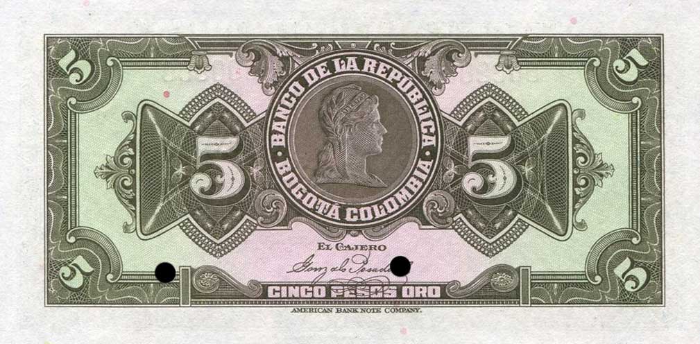 Back of Colombia p373s1: 5 Pesos Oro from 1926