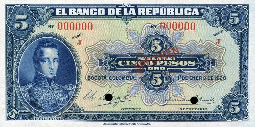 Front of Colombia p373s1: 5 Pesos Oro from 1926