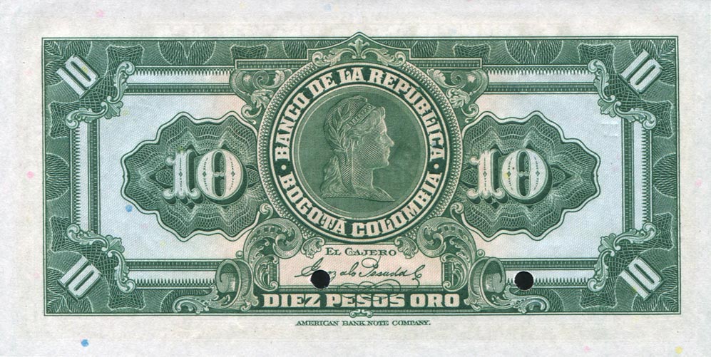 Back of Colombia p374s2: 10 Pesos Oro from 1928