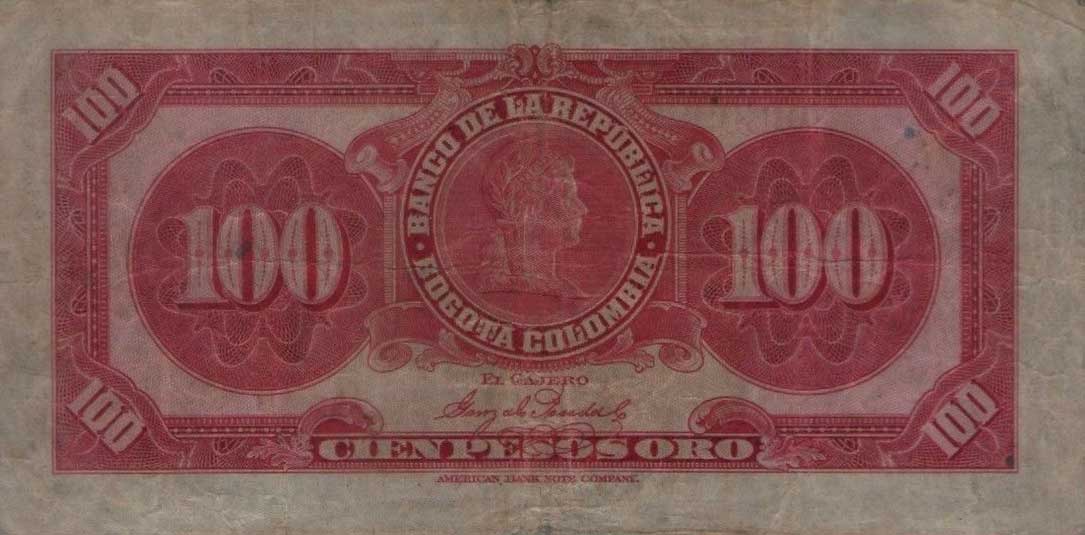 Back of Colombia p375Aa: 100 Pesos Oro from 1928