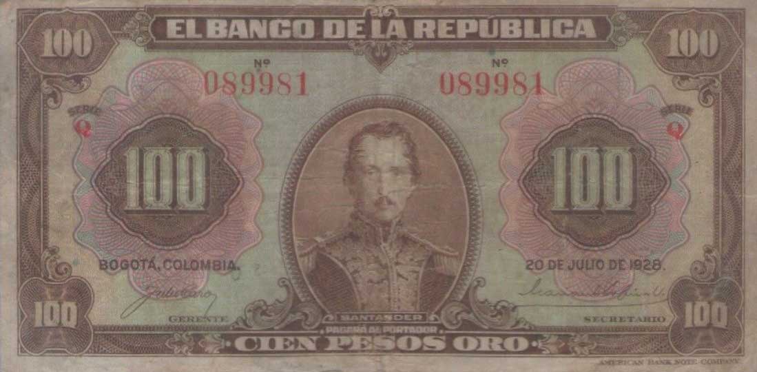 Front of Colombia p375Aa: 100 Pesos Oro from 1928