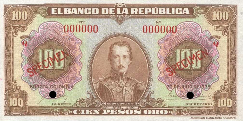 Front of Colombia p375As: 100 Pesos Oro from 1928