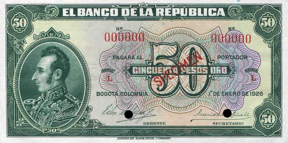 Front of Colombia p375s1: 50 Pesos Oro from 1926