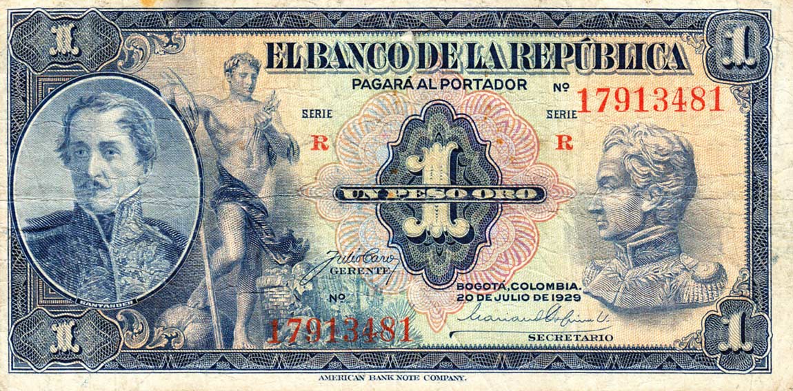 Front of Colombia p380a: 1 Peso Oro from 1929