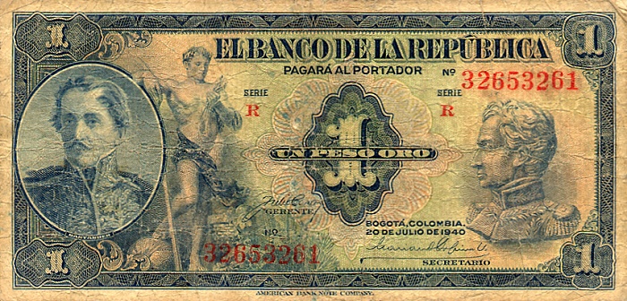 Front of Colombia p380b: 1 Peso Oro from 1940