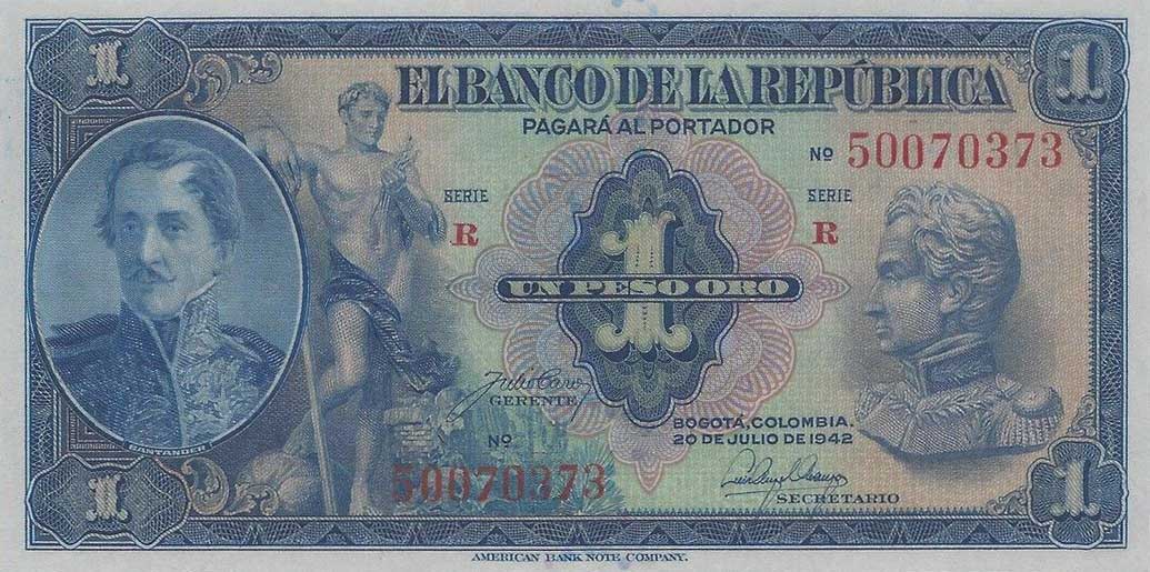 Front of Colombia p380c: 1 Peso Oro from 1942