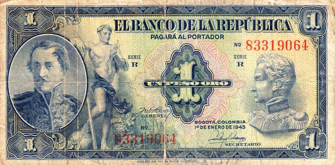 Front of Colombia p380d: 1 Peso Oro from 1944