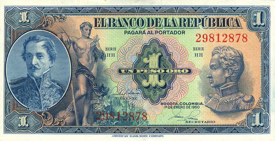 Front of Colombia p380f: 1 Peso Oro from 1950