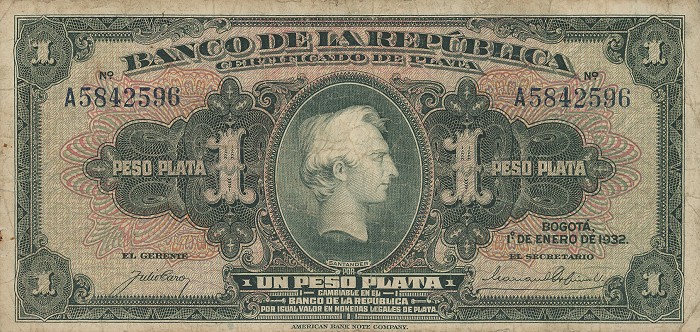 Front of Colombia p382a: 1 Peso from 1932