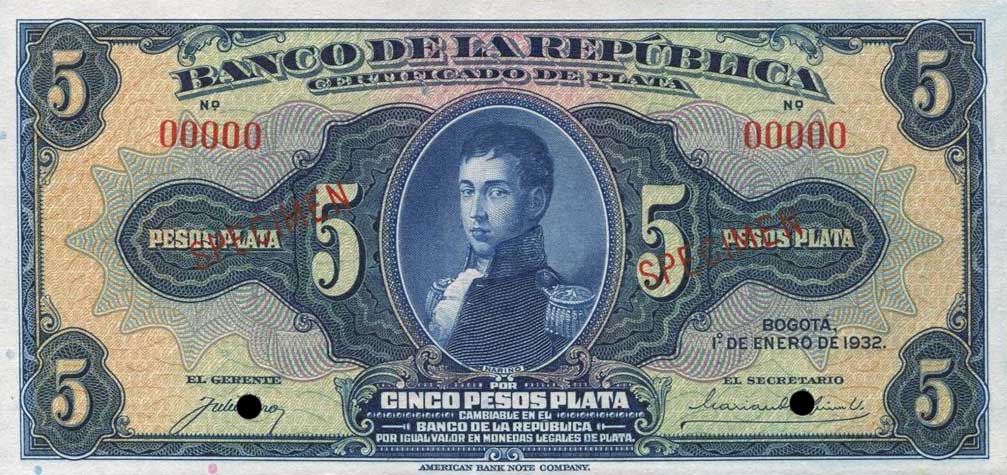 Front of Colombia p383s: 5 Pesos from 1932